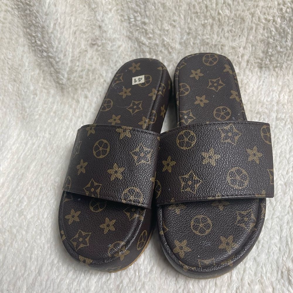 Brown & gold Patterned Synthetic Slide platform Sandals EUR SZ41